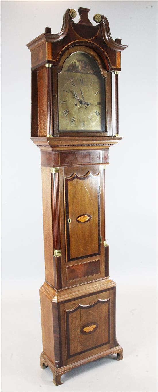 An early 19th century mahogany banded oak eight day longcase clock, 7ft